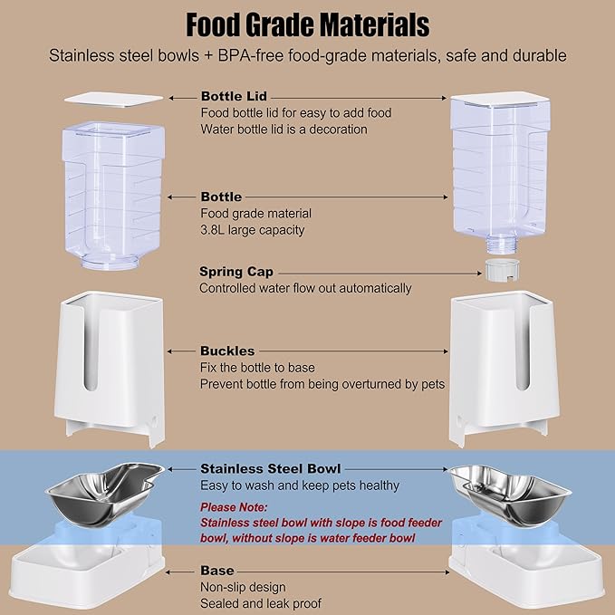Automatic Cat Feeder and Cat Water Dispenser Set with Stainless Steel Bowls Gravity Dog Feeder for Small Medium Big Dog Pets Puppy Kitten, 3.8L x 2-PawvioPets