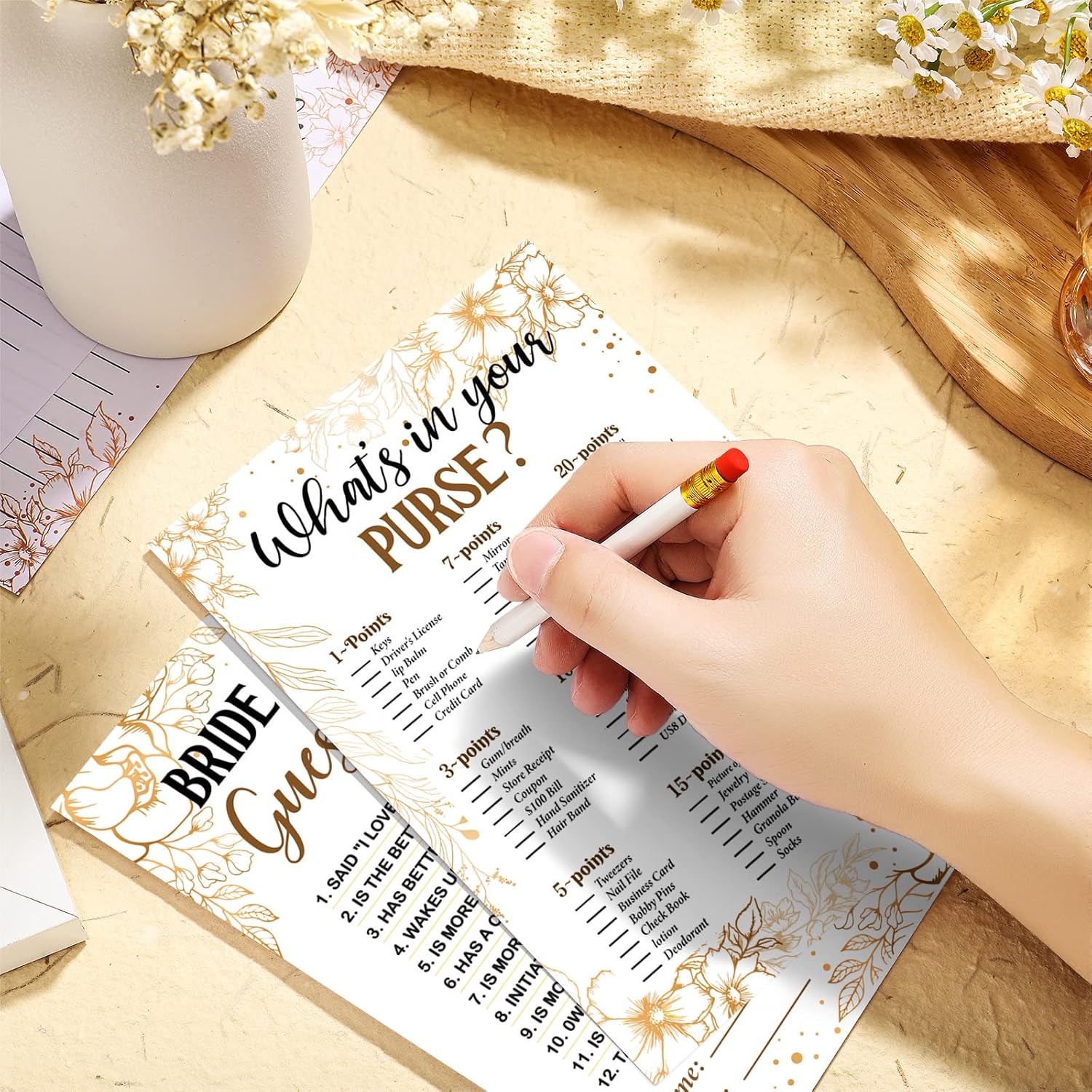 Teling 145 Pieces Bridal Shower Game Bridal Shower Favors Set Wedding Games Cards and Pencils for Bride Groom Bachelorette Party Wedding Party Favor(Golden Flower Style)