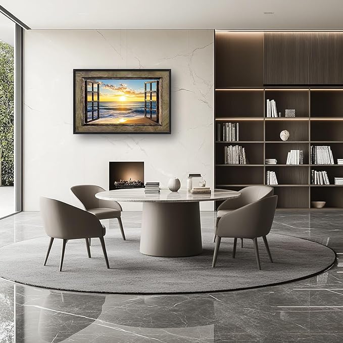 Beach Large Wall Art Sea Coastal Pictures Rustic Window Sunrise Wall Decor Canvas Print Painting Artwork for Bathroom Living Room Bedroom 36L" x 24W"-PawvioPets