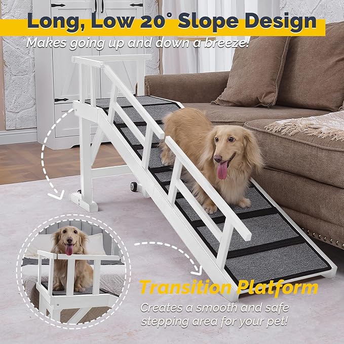 Dog Ramp for Bed or Couch, Wooden Pet Ramp with 20° Gentle Slope, Removable Side Rails, Non-Slip Surface, Top Platform & Wheels, Safe Bed Ramp for Small, Medium & Senior Dogs, 60" Long, White-PawvioPets