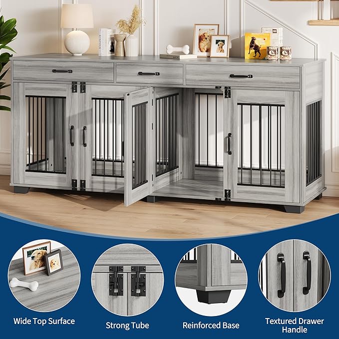 71 Inch Dog Crate Furniture for 2 Rooms, Wooden Double Crate Large Breed with Door, Dog Kennel Indoor, TV Stand End Table with Divider for Large Medium Dogs,Grey-PawvioPets