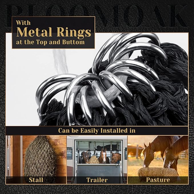 Bloomoak Slow Hay Net Feeder for Horses, Durable Soft Black PE 2/3 String Hay Bales Bags, Fit 36x18x18 to 47x25x17 Inches, Extends 50-64 Inches (2 1.6" Hole/1PC)-PawvioPets