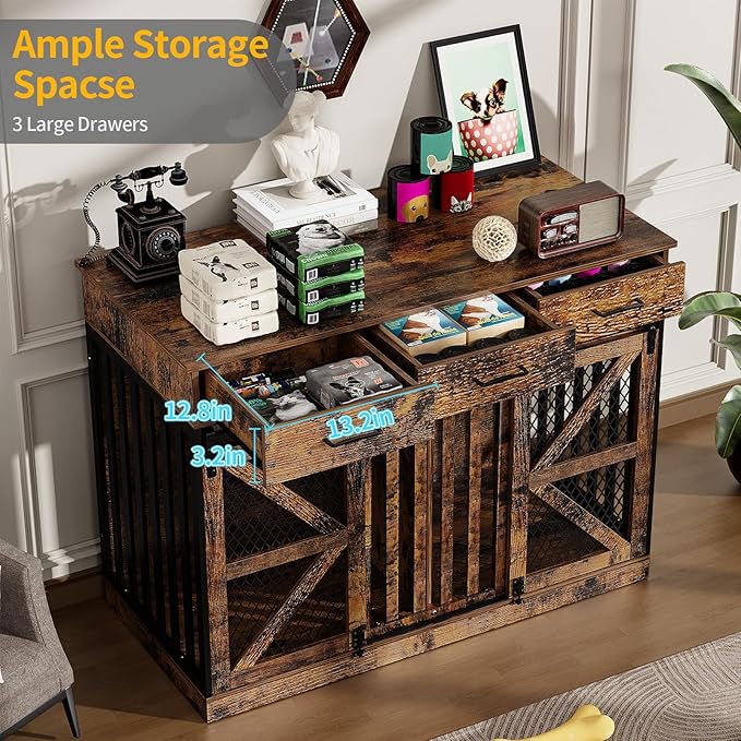 48'' Dog Crate Furniture with Removable Divider & Storage Drawers, Wooden Double Dog Cage TV Stand with 2 Sliding Barn Doors, Multi-Functional Dog Crate End Table for Indoor use (Retro Brown)-PawvioPets