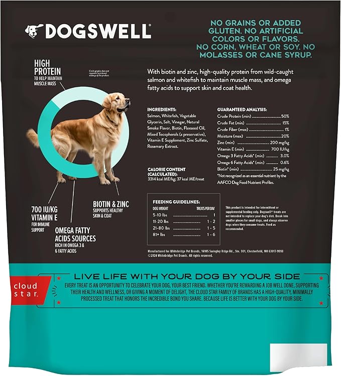 DOGSWELL Jerky Treats for Dogs, Skin and Coat Salmon Recipe 18 oz., 29235-PawvioPets