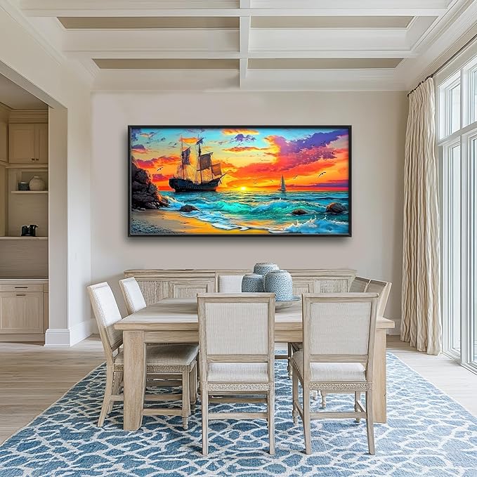 Framed Large Ship Wall Art for Living Room, Oversized Coastal Beach Boat Wall Decor Nautical Seascape Sailboat Canvas Painting Modern Artwork Home Decoration for Living Room Bedroom 60"x30"-PawvioPets