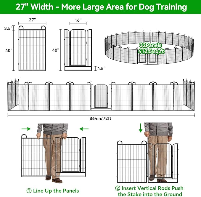 Dog Playpen Outdoor 32 Panels Heavy Duty Dog Fence 40" Height Anti-Rust with Doors Portable for RV Camping Yard, Total 71FT, 406 Sq.ft, Snowy Black-PawvioPets