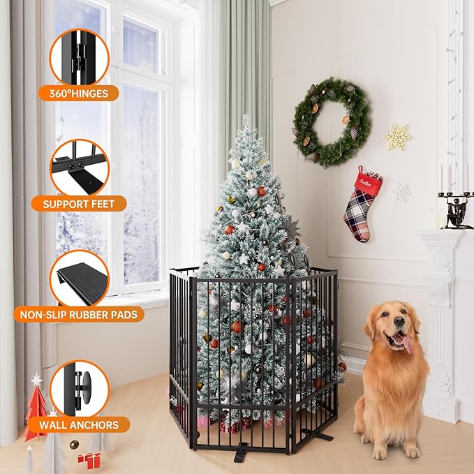 Full Metal Freestanding Dog Gate with Door, 36''Height Foldable Pet Dog Fence for Indoor & Outdoor, 6 Panels Extra Wide Free Standing TallDog Gates for Doorways,House,Stairs,Porch,Deck,Yard-PawvioPets