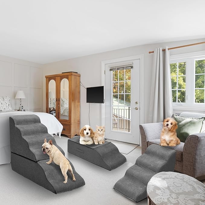 Dog Steps for High Beds 30-32" H - 6-Step Dog Stairs for Small Dogs, 33D Foam Pet Steps for High Bed with Non-Slip Bottom and Washable Cover, Dogs Ramp for Bed Indoor, Dark Grey-PawvioPets