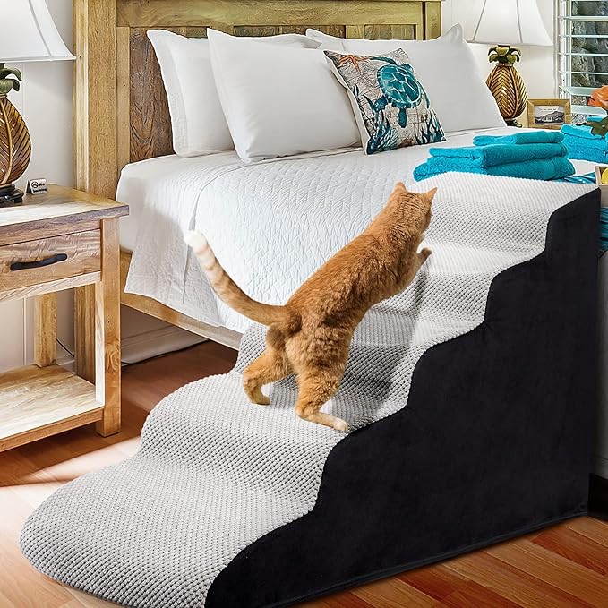 Dog Stairs&Steps for High Beds Up to 28'', 5-Step Dog Ramp for Small Medium Dogs with Washable Cover, Pet Steps for Cats to Get on Couch and Sofa, Durable Foam Ladders, 24.4" Tall, Grey-PawvioPets