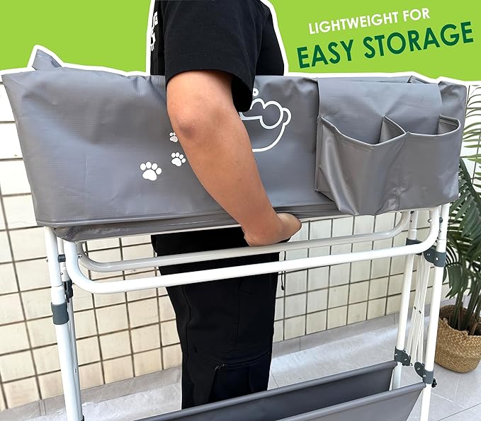 Elevated Dog Bathtub, Portable Dog Washing Station for Home with Towel Bar & Storage, Folding Pet Bath Tub for Small & Medium Dogs-PawvioPets