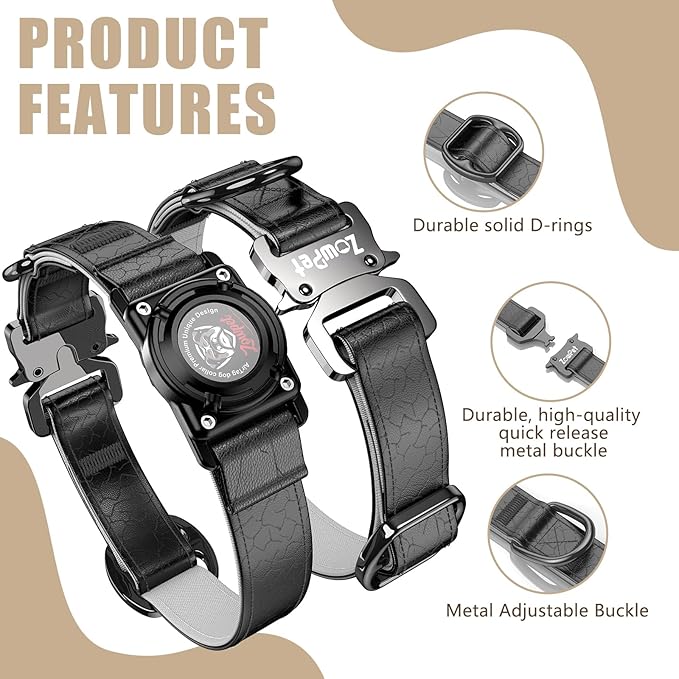 AirTag Dog Collar - Leather Dog Collar with Airtag Holder | IP68 Waterproof AirTag Holder with Metal Buckle, Comfortable GPS Dog Collars Tracker for Medium Large Dogs (Black, M)-PawvioPets