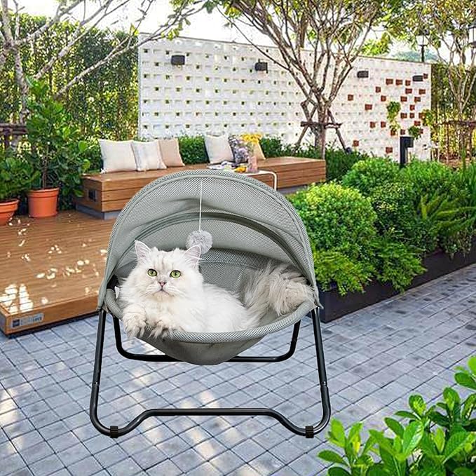 Cat Bed Cat Hammock Bed Elevated cat Bed, Comfortable and Breathable Pet Bed with Awning and Plush Toy, No-Tools Assemble, Cover Removable and Washable, Suitable for Indoor and Outdoor Use-PawvioPets