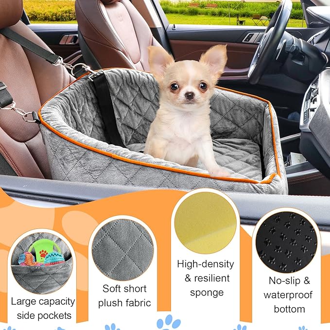 Dog Car Seat for Small Dogs, Memory Foam Booster Dog Seat for Dogs up to 35 lbs, Elevated Pet Car Seat with Washable Removable Cover, Storage Pockets (Gray)-PawvioPets