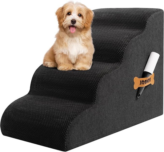 Dog Stairs, Romrol Dog Steps Ramp for High Bed and Couch, Dogs Ramp with Durable Non-Slip Waterproof Fabric Cover, Pet Stairs for Small Dogs and Cats or Pets Joints, 4-TiersBlack-PawvioPets