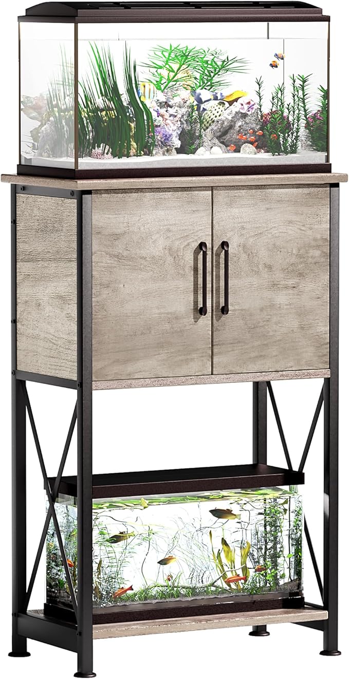 5-10 Gallon Fish Tank Stand, Metal Double Aquarium Stand with Cabinet for Fish Tank Accessories Storage, Heavy Duty 20.5" L* 11.02" W Tabletop, 500LBS Capacity Grey PG06YGZ-PawvioPets
