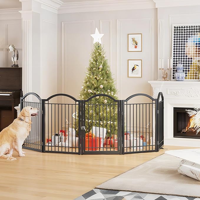 BHG Metal No-Assembly Freestanding Dog Gate with Door Walk Through, Extra Wide 120", Extra Tall 32" Pet Gate, Accordion Puppy Folding Playpen Dog Fence, with 2PCS Support (Black, 5 Panels)-PawvioPets