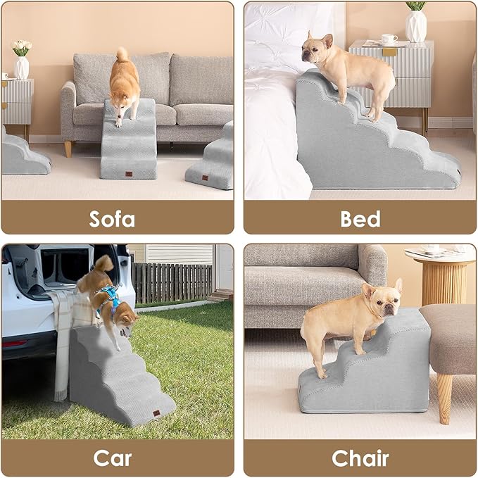EHEYCIGA Curved Dog Stairs Ramp for Small Dogs 15.7" H, 3-Step Dog Steps for Couch Sofa and Chair, Pet Stairs for Cats, Non-Slip Balanced Pet Steps Indoor, Light Grey-PawvioPets