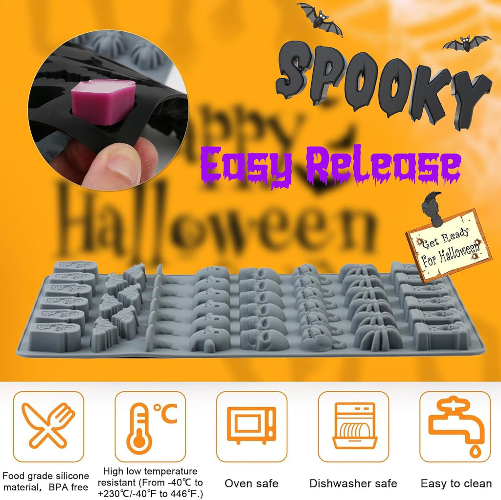 (2 Pack) Silicone Halloween Molds, 96-Cavity Pumpkin Ghost Wizard Hat Bat Spider Tombstone Skull Halloween Silicone Gummy Molds For Chocolate, Fondant, Cupcake Decoration, Biscut - Black&Gray