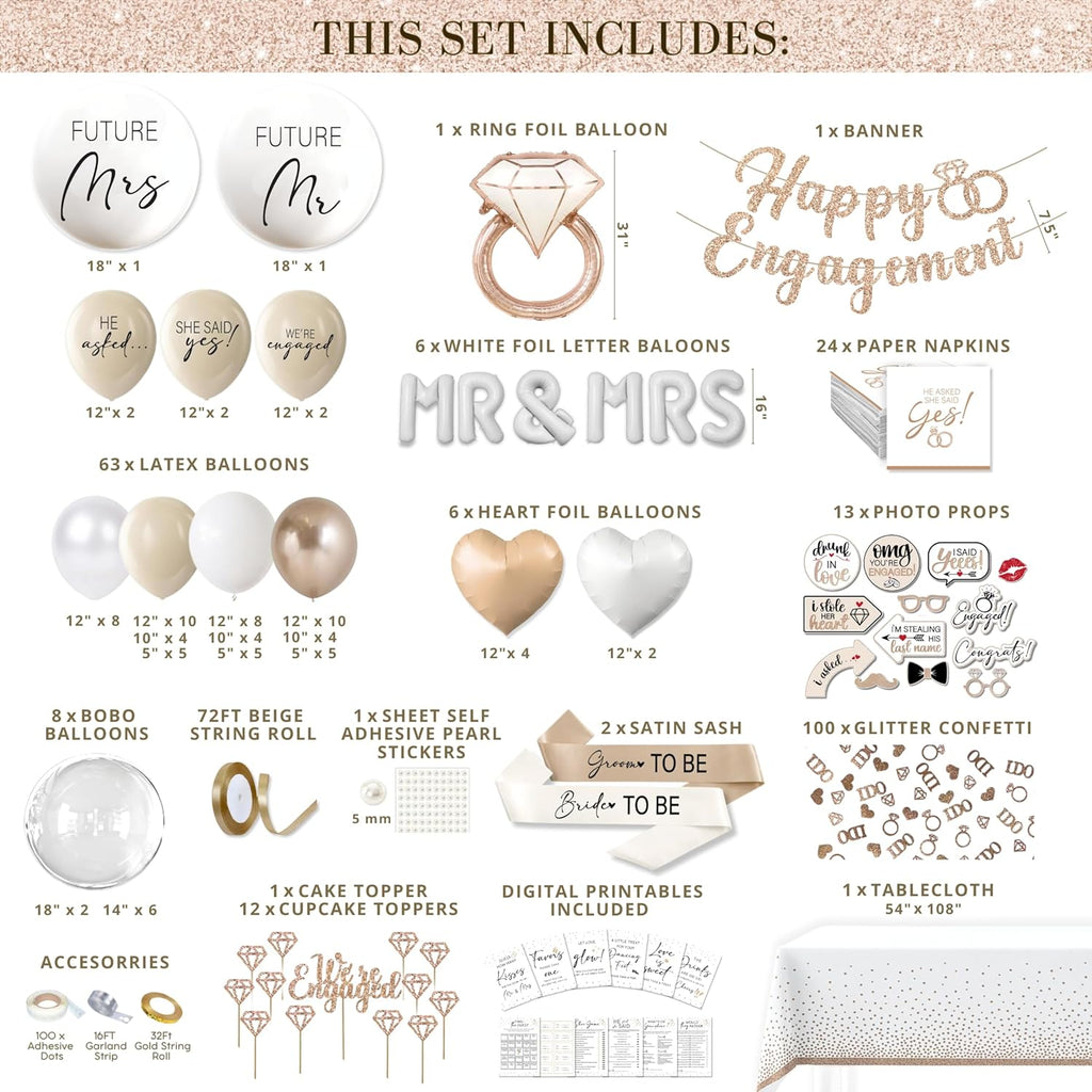 261 Pc Premium Engagement Party Decorations Kit – Elegant Mr. & Mrs. Wedding Balloons, Happy Engagement Banner, Diamond Ring White Gold Balloons, Cupcake Toppers – Classy Bride To Be Decor