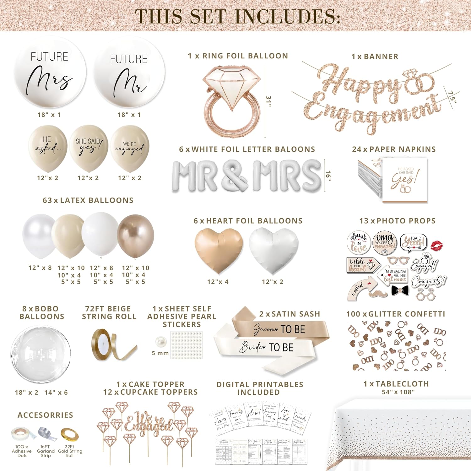 261 Pc Premium Engagement Party Decorations Kit – Elegant Mr. & Mrs. Wedding Balloons, Happy Engagement Banner, Diamond Ring White Gold Balloons, Cupcake Toppers – Classy Bride To Be Decor