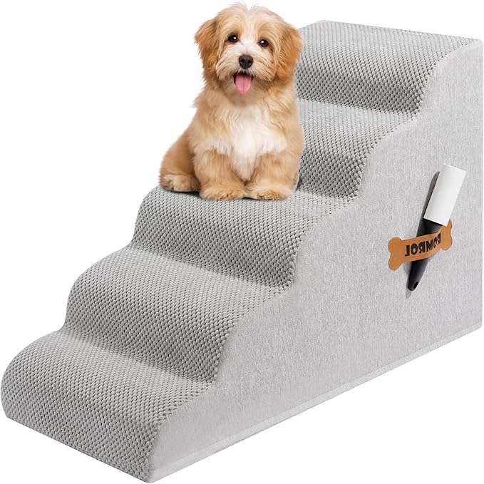 Dog Stairs, Romrol Dog Steps Ramp for High Bed and Couch, Dogs Ramp with Durable Non-Slip Waterproof Fabric Cover, Pet Stairs for Small Dogs and Cats or Pets Joints, 4-TiersLight Grey-PawvioPets