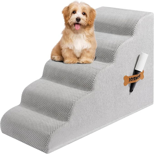 Dog Stairs, Romrol Dog Steps Ramp for High Bed and Couch, Dogs Ramp with Durable Non-Slip Waterproof Fabric Cover, Pet Stairs for Small Dogs and Cats or Pets Joints, 4-TiersLight Grey-PawvioPets