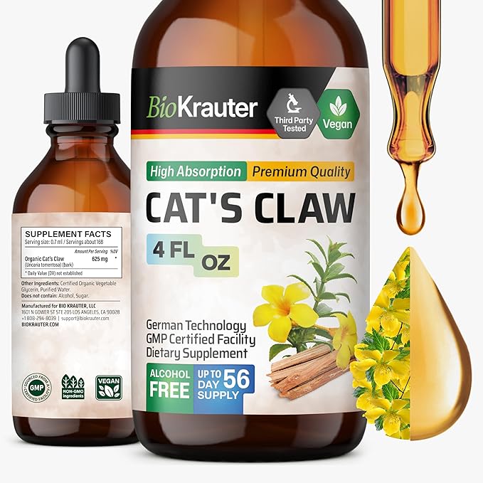BIO KRAUTER Cats Claw Tincture - Liquid Cats Claw Herb for Immune Support - Alcohol & Sugar Free - Vegan Drops 4 Fl.Oz.-PawvioPets
