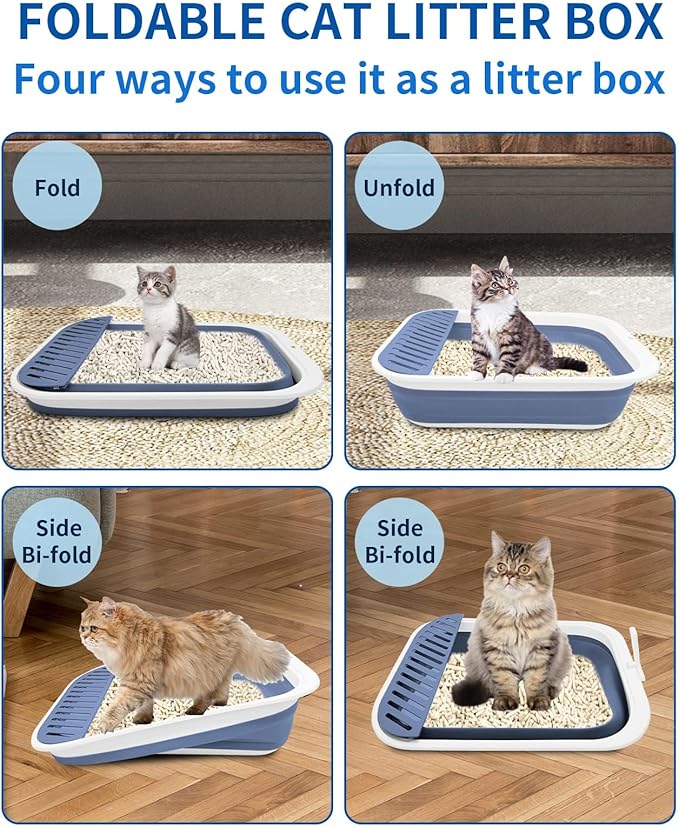 BNOSDM Collapsible Small Cat Litter Box for Kittens Open Potty Pan Foldable Cat Toilet with Scoop Senior Kitty Travel Shallow Litters Boxes Anti-Splash Waterproof Blue 17.7"×13.4"-PawvioPets