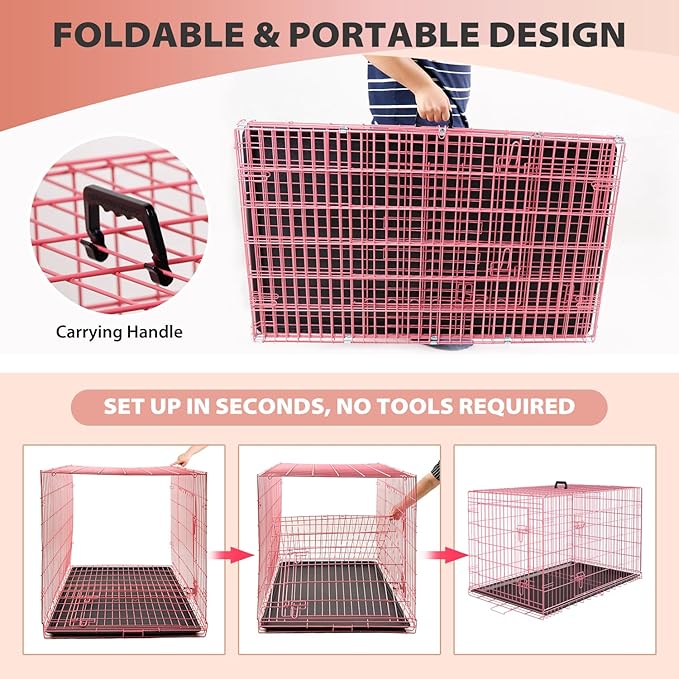 BestPet | Dog Crate | 24" | Pink | Foldable Metal Kennel with Double Doors, Secure Slide-Bolt Latches, Leakproof Tray | Portable Dog Cage for Small Breeds | for Travel, Indoor & Outdoor Use-PawvioPets