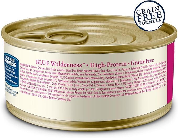 Blue Buffalo Wilderness Natural High-Protein Grain-Free Wet Food for Adult Cats, Salmon Paté, 3-oz. Cans, 24 Count-PawvioPets