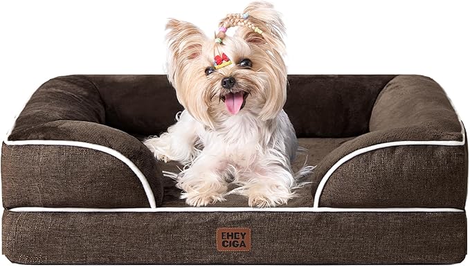 EHEYCIGA Orthopedic Dog Bed for Small Dogs, Waterproof Memory Foam Small Dog Beds with Sides, Non-Slip Bottom and Egg-Crate Foam Medium Pet Couch Bed with Washable Removable Cover, Brown-PawvioPets