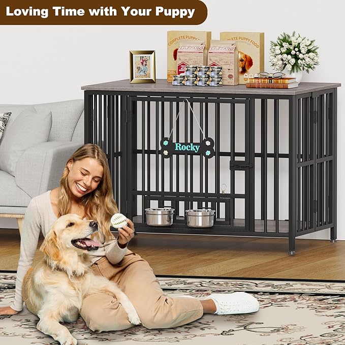 Easycom 41" Dog Crate Furniture Foldable, No Assembly Decorative Dog Kennel Indoor, Dog Crates for Large Dogs (40-65 lbs), Wooden Dog Cage with Adjustable Bowls and Name Tag, End Table, Oak Grey-PawvioPets