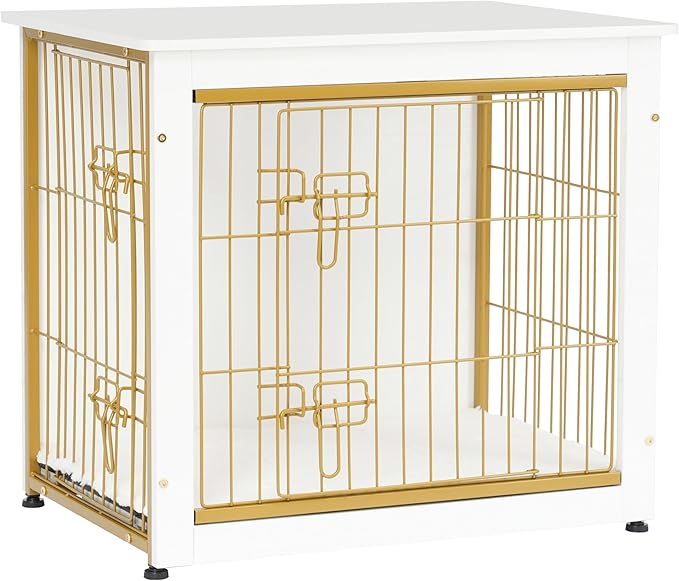 DWANTON Dog Crate Furniture with Cushion, Wooden Kennel Table with Double Doors, Indoor Dog House, Small/Medium/Large Size, 27.2" L, White-PawvioPets