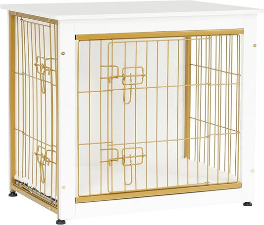 DWANTON Dog Crate Furniture with Cushion, Wooden Kennel Table with Double Doors, Indoor Dog House, Small/Medium/Large Size, 27.2" L, White-PawvioPets