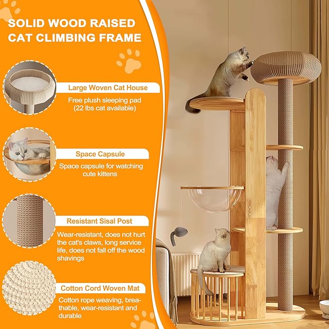 75 inch Cat Tree Tower for Indoor Cats Large Adult, Modern Big Cat Climbing Tower, Tall Cats Post, Corner Wood Cute Cat Condo with Sisal Scratching Posts-PawvioPets