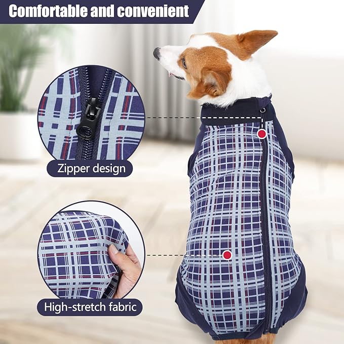 Dog Recovery Suit, Abdominal Wound After Surgery Wear, Anti Licking Bodysuit with Zipper, E-Collar & Cone Alternatives, Plaid Dog Spay Surgical Shirt Prevent Shedding(3XL, Blue)-PawvioPets