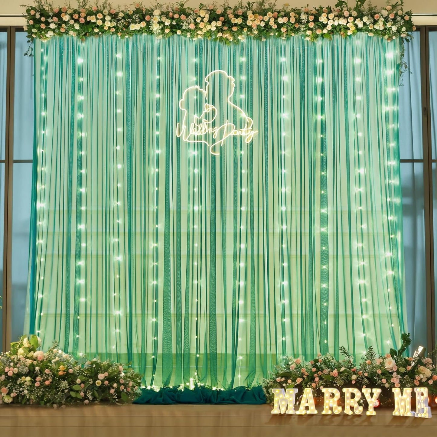 Hunter Green Tulle Backdrop Curtains with Lights String for Parites 10x8ft Sheer Backdrop Curtains Drapes for Birthday Party Bridal Shower Baby Shower Photo Booth Background Decorations