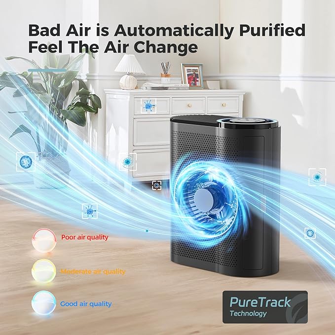 AROEVE Air Purifiers for Home Bedroom, Covers Up to 1095 ft², 3-in-1 Filter Sleep Mode, Air Quality Indicator Ring, Remove Dust Smoke Odor Pollen Allergies Pet Hair for Dorm Room, Office, MK04, Black-PawvioPets