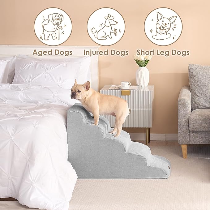 EHEYCIGA Curved Dog Stairs Ramp for High Beds 22.6" H, 5-Step Dog Steps for Small Dogs and Cats, Pet Stairs for High Bed Climbing, Non-Slip Balanced Pet Step Indoor, Light Grey-PawvioPets