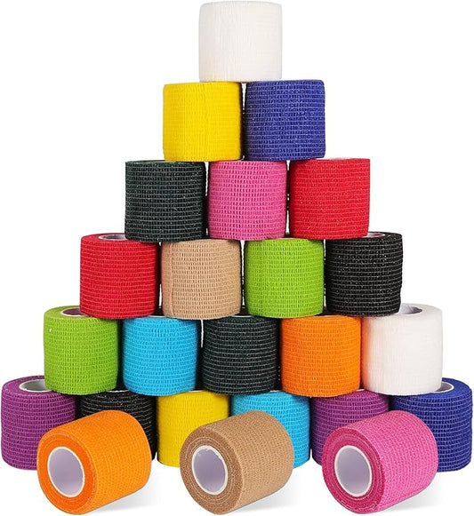 24 Pack Self Adhesive Bandage Wrap 2 Inch, Cohesive Medical Tape for Sports, Elastic Vet Wrap for Athletic, Ankle, Wrist Sprains, Pet First Aid-PawvioPets