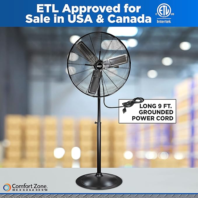 Comfort Zone Industrial Pedestal Fan, 30 inch, 3 Speed, High Velocity, Adjustable Height 56” to 76”, Metal, Meets OSHA Standards, Airflow 36 ft/sec, Ideal for Garage, Workshop or Warehouse, CZHVP30-PawvioPets
