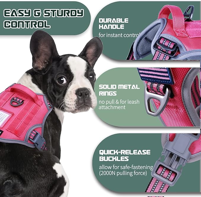 BUMBIN Tactical Dog Harness for Small Dogs No Pull, Famous TIK Tok No Pull Puppy Harness, Fit Smart Reflective Pet Walking Harness for Training, Adjustable Dog Vest Harness with Handle Pink S-PawvioPets