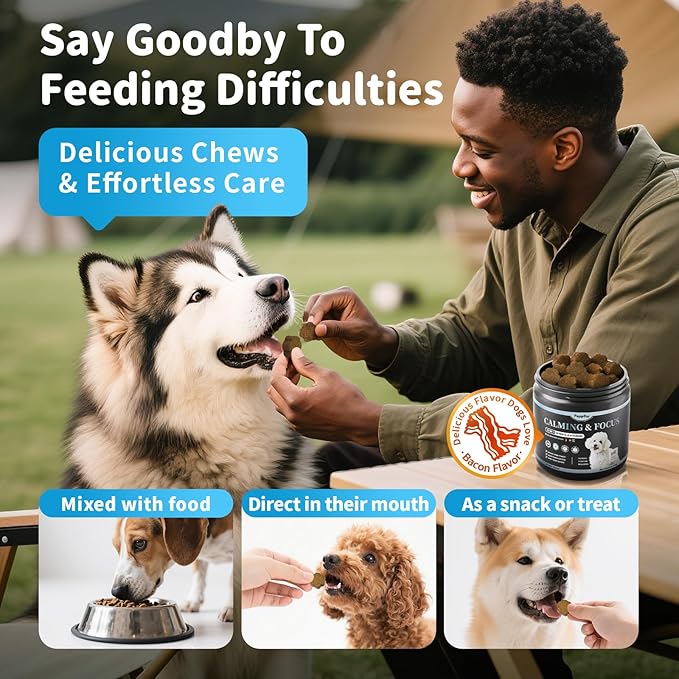 Calming Chews for Dogs – Calming Treats for Anxiety, Stress, Separation, Travel&Thunder, Relaxation & Focus Support with L-Theanine, Valerian Root, Chamomile & Ashwagandha, Bacon Flavor, 60Ct-PawvioPets