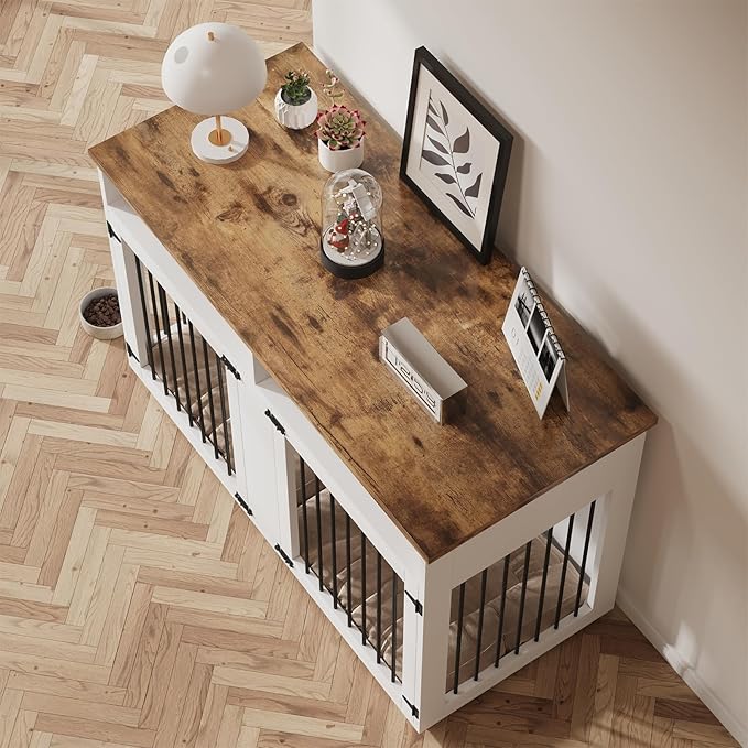 Dog Crate Furniture for 2 Dogs, 55 Inch Dog Crate Indoor with Removable Divider and Shelf Storage, Wooden Dog Crates for Medium/Large Dogs, White-PawvioPets