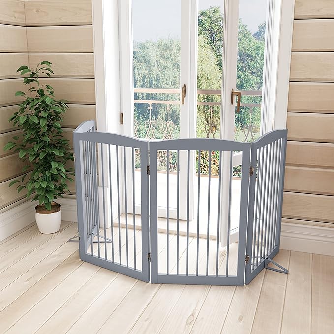 Freestanding Wooden Pet Gate - Foldable Indoor Dog Gate, 80 Inch Wide, 4 Panels, Grey-PawvioPets