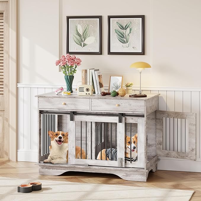 Dog Furniture Crate, 47" Large Dog Crate Furniture w/ 2 Storage Draws & Removable Divider for Large/Medium/Small Dogs (Grey, One Cage)-PawvioPets