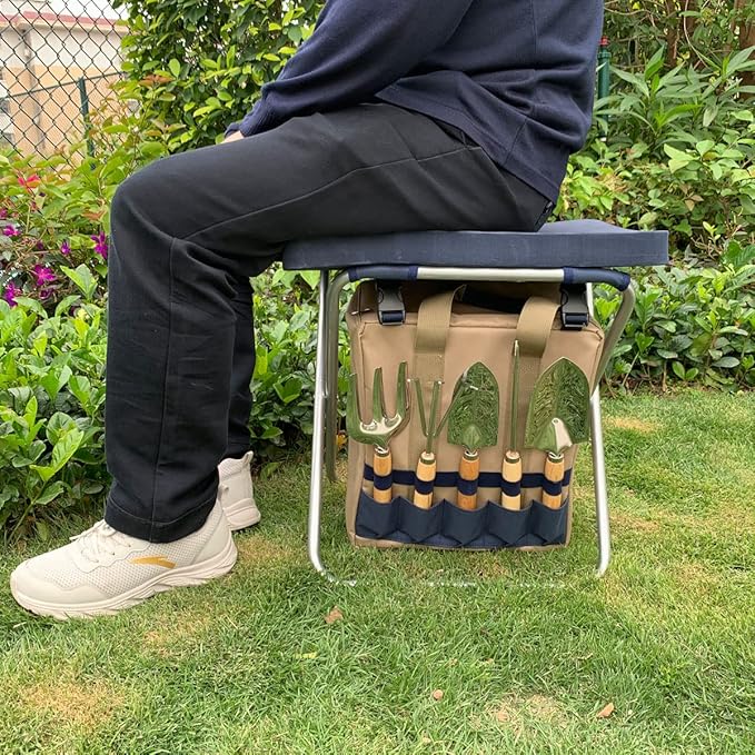 Garden Folding Gardener Stool with Gardening Tools Insulation Garden Bags Plus 5 Garden Tools and Gardening Kneeler Ideal Gift for Mother's Day/Father's Day (Navy Blue)-PawvioPets