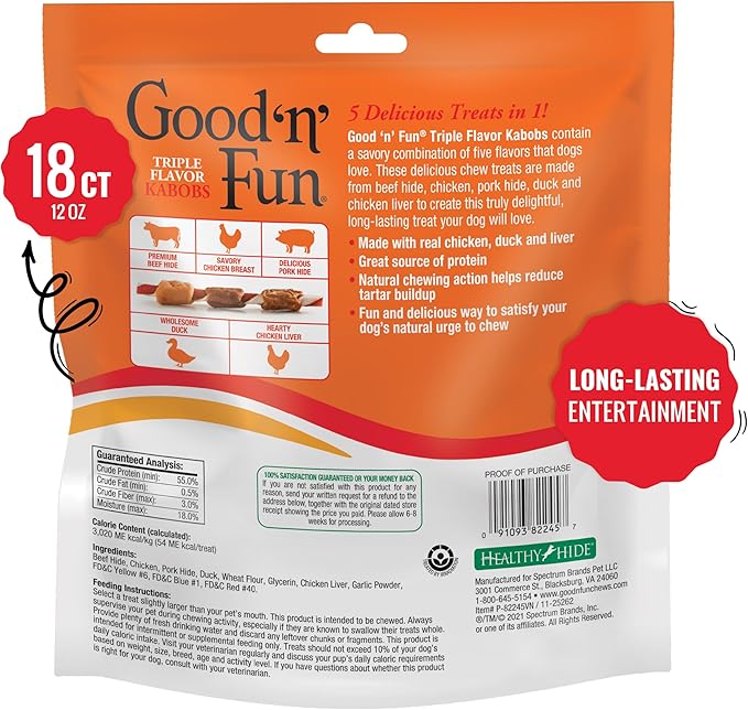 Good ‘n’ Fun Triple Flavor Kabobs Chews for All Dogs, 18 Count, Treat Your Dog to Chews Made from Beef Hide, Real Chicken, Pork Hide, Duck and Chicken Liver-PawvioPets