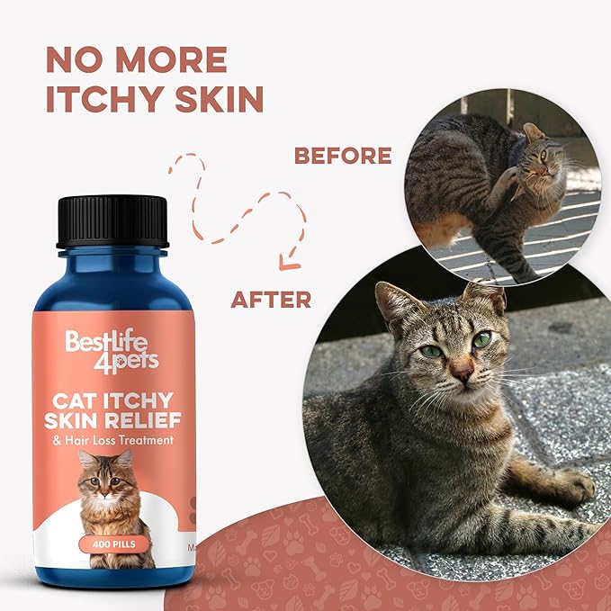 Cat Itchy Skin Relief & Hair Loss Treatment, Holistic Allergy Relief for Cats Calms Dry Skin, Dandruff & Reduces Licking, Scratching, Patchy, Matted and Shedding Fur, 400 Easy to Use Pills-PawvioPets