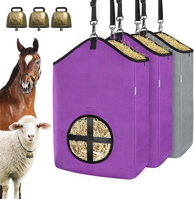 3 PCS Goat Hay Feeder,Hay Bags for Horses,Goats,Donkeys with Reinforced Oxford Fabric and High Strength Metal Clasp,Horse Feeding Supplies with Adjustable Strap for Easy Hanging (2Purple+1Grey)-PawvioPets